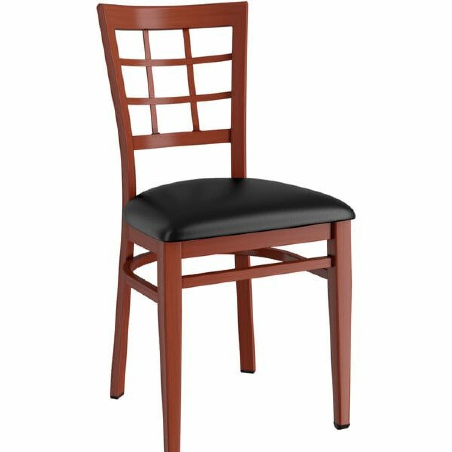 Restaurant Chairs * | Cheapest Lt&S Spartan Series Lancaster Table & Seating Spartan Series Metal Window Back Chair With Mahogany Wood Grain Finish And Black Vinyl Seat