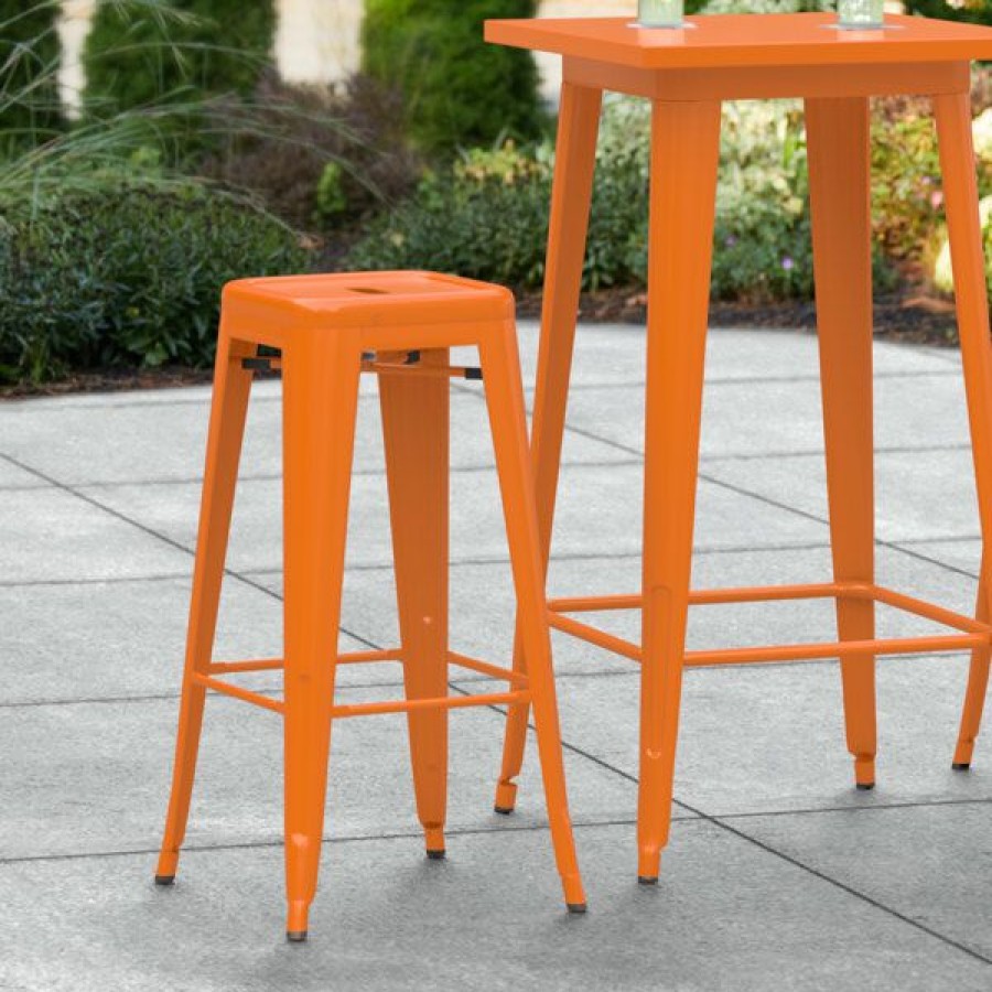 Outdoor Restaurant Bar Stools * | Coupon Lt&S Alloy Series Lancaster Table & Seating Alloy Series Orange Stackable Metal Indoor / Outdoor Industrial Barstool With Drain Hole Seat