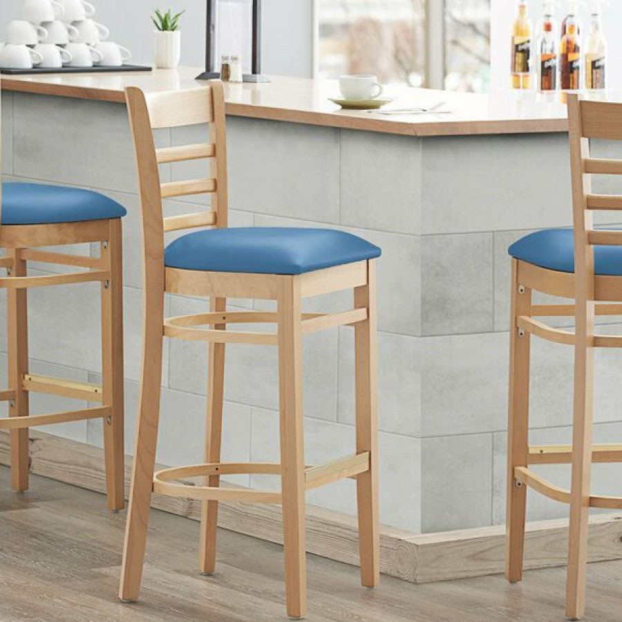 Restaurant Bar Stools * | Budget Lancaster Table & Seating Natural Finish Wooden Ladder Back Bar Height Chair With Blue Padded Seat