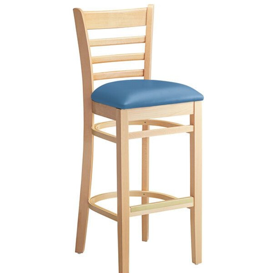 Restaurant Bar Stools * | Budget Lancaster Table & Seating Natural Finish Wooden Ladder Back Bar Height Chair With Blue Padded Seat