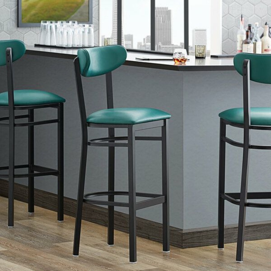 Restaurant Bar Stools * | Best Sale Lt&S Boomerang Series Lancaster Table & Seating Boomerang Bar Height Black Coat Chair With Green Vinyl Seat And Back