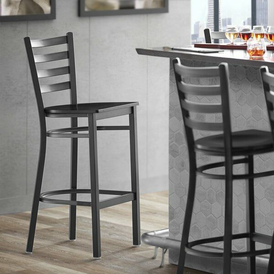 Restaurant Bar Stools * | Outlet Lancaster Table & Seating Black Frame Ladder Back Bar Height Chair With Black Wood Seat