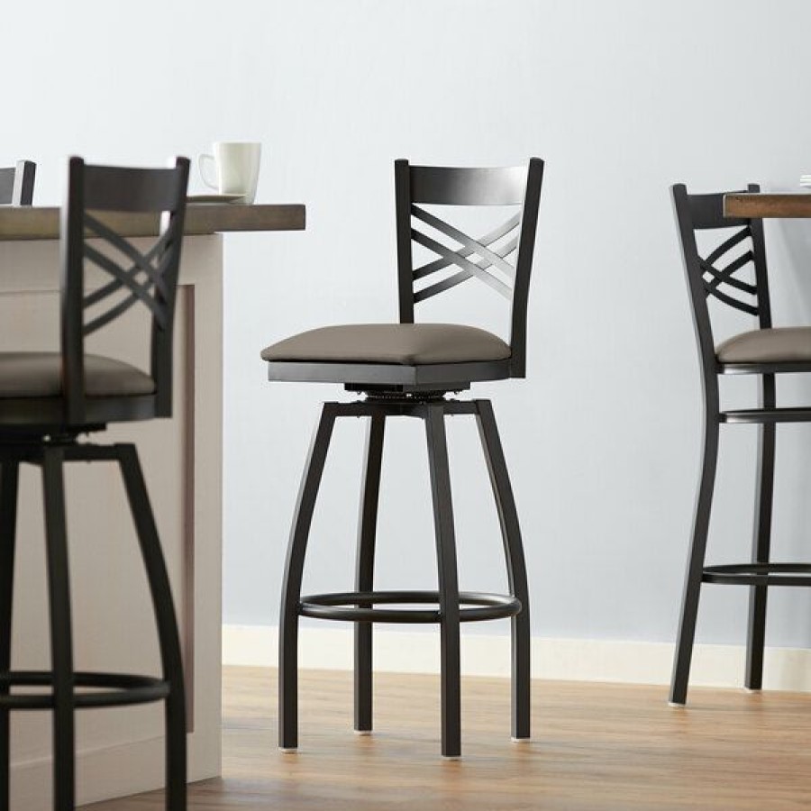 Restaurant Bar Stools * | Buy Lancaster Table & Seating Black Cross Back Swivel Bar Height Chair With Taupe Padded Seat