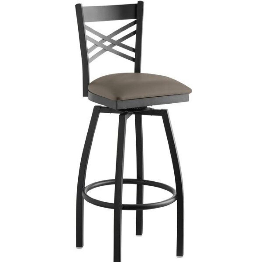 Restaurant Bar Stools * | Buy Lancaster Table & Seating Black Cross Back Swivel Bar Height Chair With Taupe Padded Seat