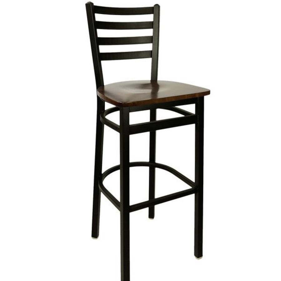 Restaurant Bar Stools * | Hot Sale Bfm Seating 2160Bwaw-Sb Lima Metal Ladder Back Barstool With Walnut Wooden Seat