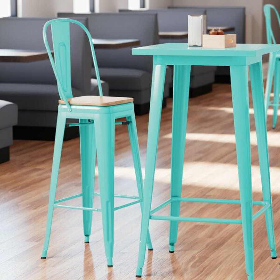 Restaurant Bar Stools * | Cheap Lt&S Alloy Series Lancaster Table & Seating Alloy Series Seafoam Metal Indoor Industrial Cafe Bar Height Stool With Vertical Slat Back And Natural Wood Seat