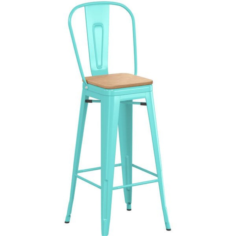 Restaurant Bar Stools * | Cheap Lt&S Alloy Series Lancaster Table & Seating Alloy Series Seafoam Metal Indoor Industrial Cafe Bar Height Stool With Vertical Slat Back And Natural Wood Seat