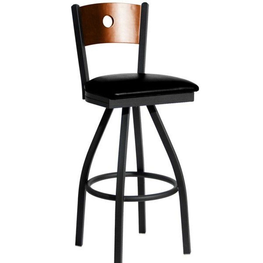 Restaurant Bar Stools * | Brand New Bfm Seating 2152Sblv-Chsb Darby Sand Black Metal Bar Height Chair With Cherry Wooden Back And 2 Black Vinyl Swivel Seat