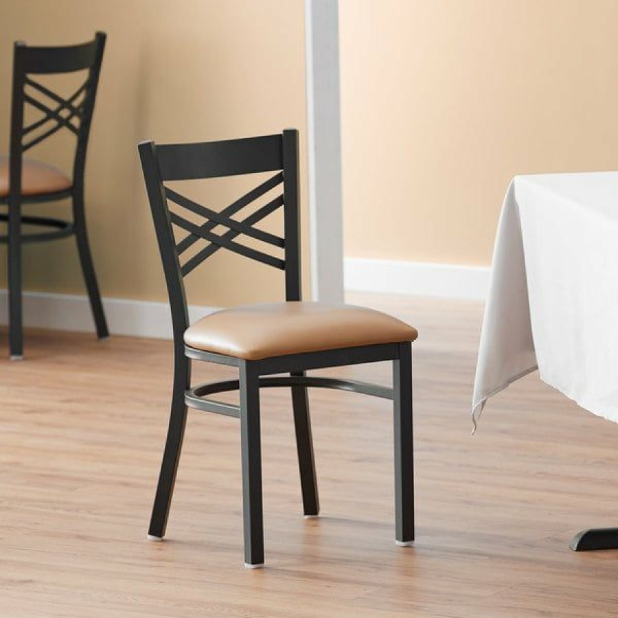 Restaurant Chairs * | Flash Sale Lancaster Table & Seating Cross Back Black Chair With Light Brown Vinyl Seat