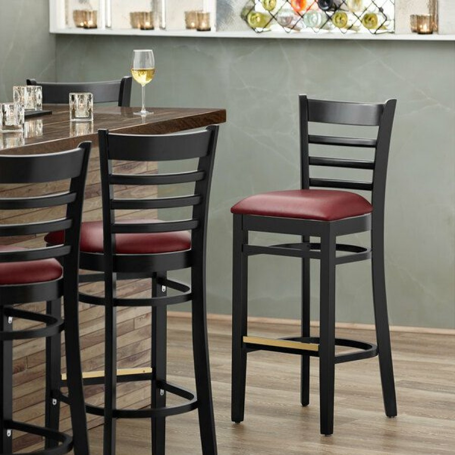 Restaurant Bar Stools * | Best Reviews Of Lancaster Table & Seating Black Ladder Back Bar Height Chair With Burgundy Padded Seat