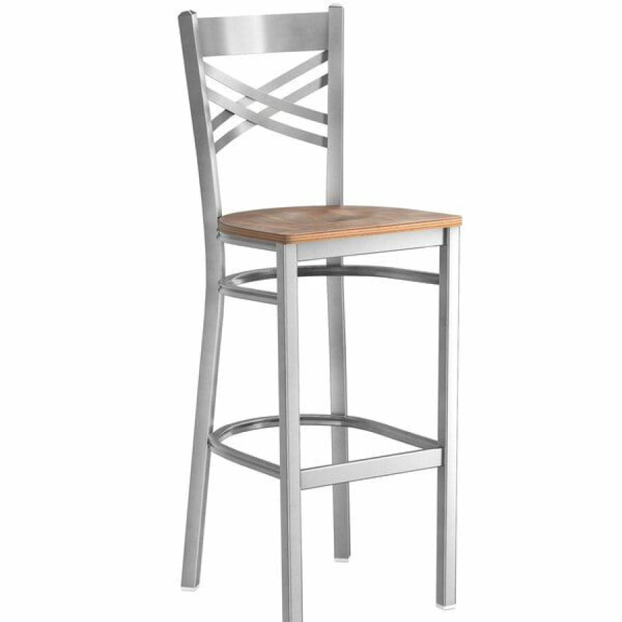 Restaurant Bar Stools * | Cheapest Lancaster Table & Seating Cross Back Clear Coat Steel Bar Height Chair With Vintage Wood Seat