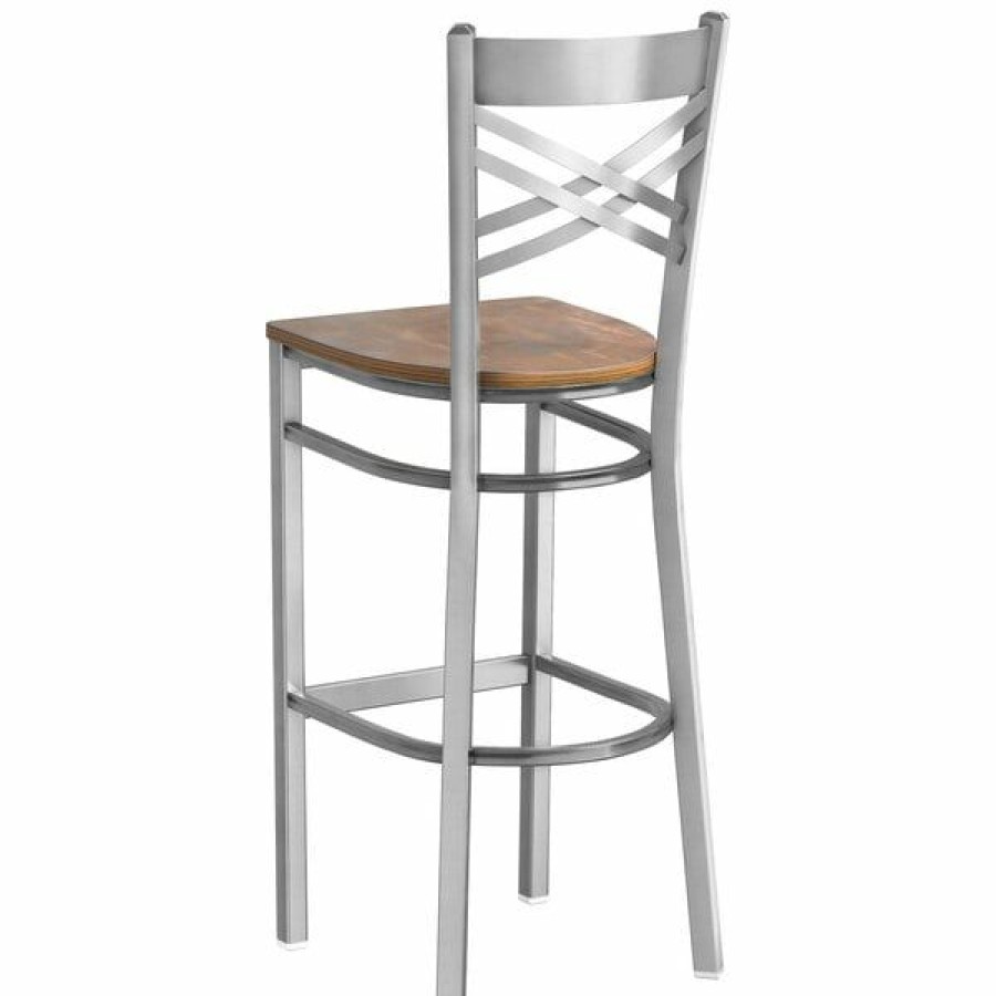 Restaurant Bar Stools * | Cheapest Lancaster Table & Seating Cross Back Clear Coat Steel Bar Height Chair With Vintage Wood Seat