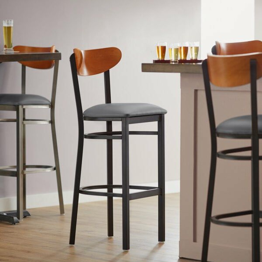 Restaurant Bar Stools * | Coupon Lt&S Boomerang Series Lancaster Table & Seating Boomerang Bar Height Black Chair With Dark Gray Vinyl Seat And Cherry Back