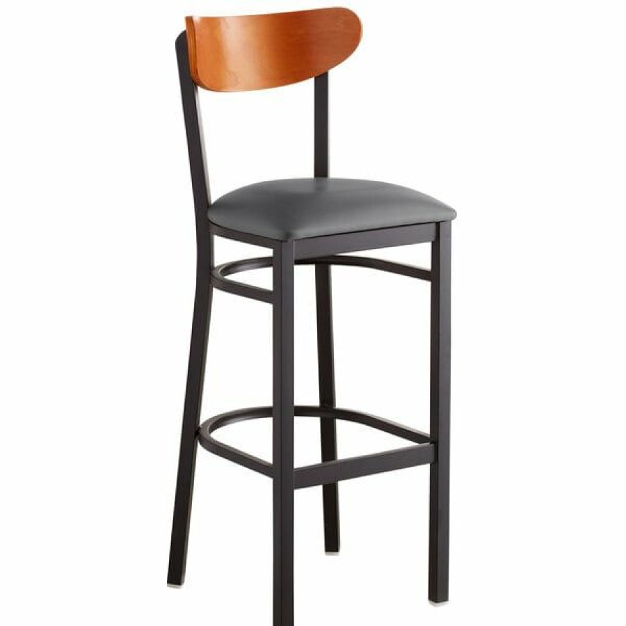 Restaurant Bar Stools * | Coupon Lt&S Boomerang Series Lancaster Table & Seating Boomerang Bar Height Black Chair With Dark Gray Vinyl Seat And Cherry Back