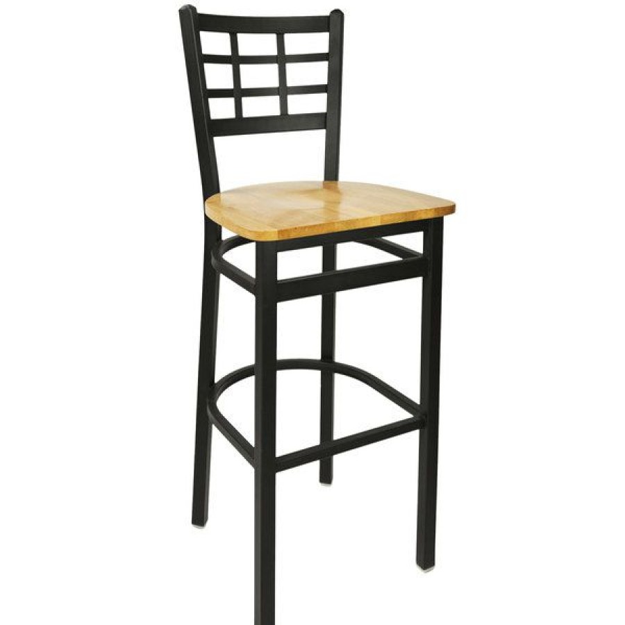 Restaurant Bar Stools * | Best Sale Bfm Seating 2163Bntw-Sb Marietta Sand Black Metal Bar Height Chair With Natural Wood Seat