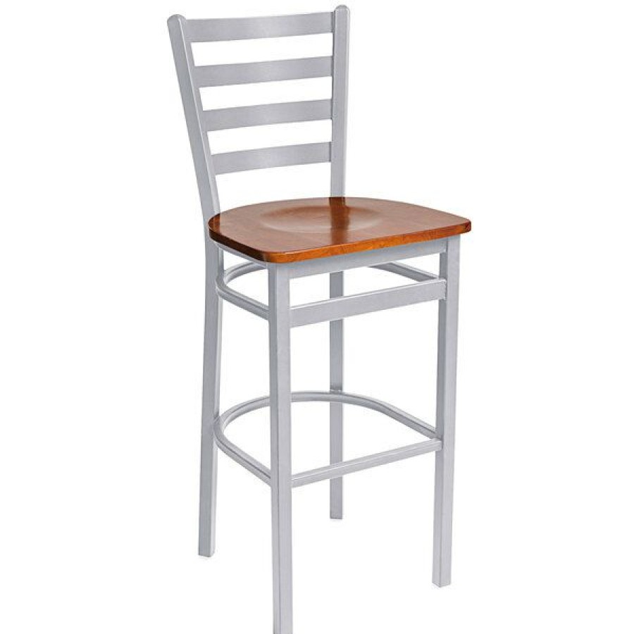 Restaurant Bar Stools * | Coupon Bfm Seating 2160Bchw-Sm Lima Silver Mist Steel Bar Height Chair With Cherry Wooden Seat