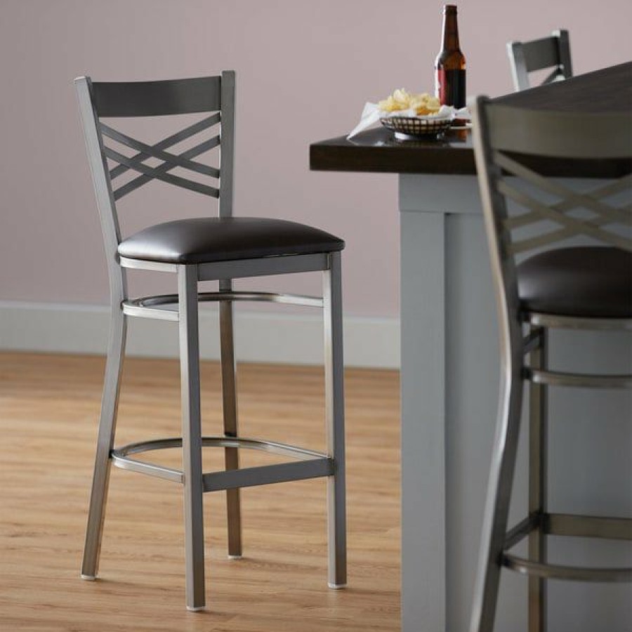 Restaurant Bar Stools * | Cheap Lancaster Table & Seating Clear Coat Steel Cross Back Bar Height Chair With 2 1/2 Dark Brown Vinyl Seat