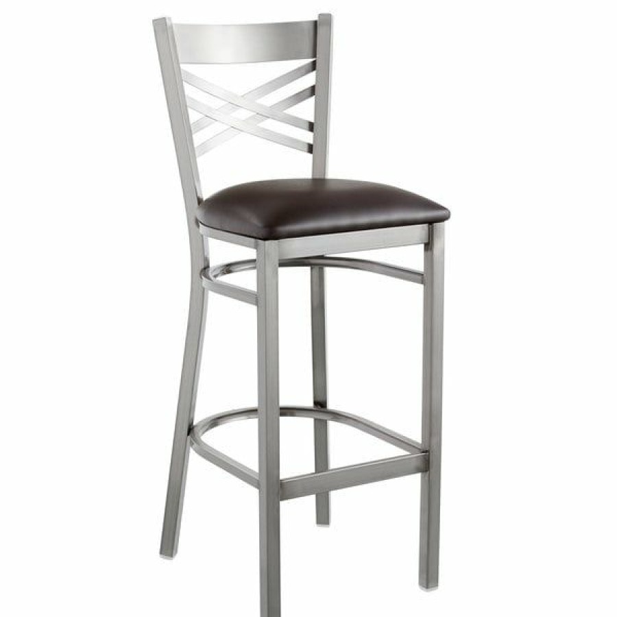 Restaurant Bar Stools * | Cheap Lancaster Table & Seating Clear Coat Steel Cross Back Bar Height Chair With 2 1/2 Dark Brown Vinyl Seat