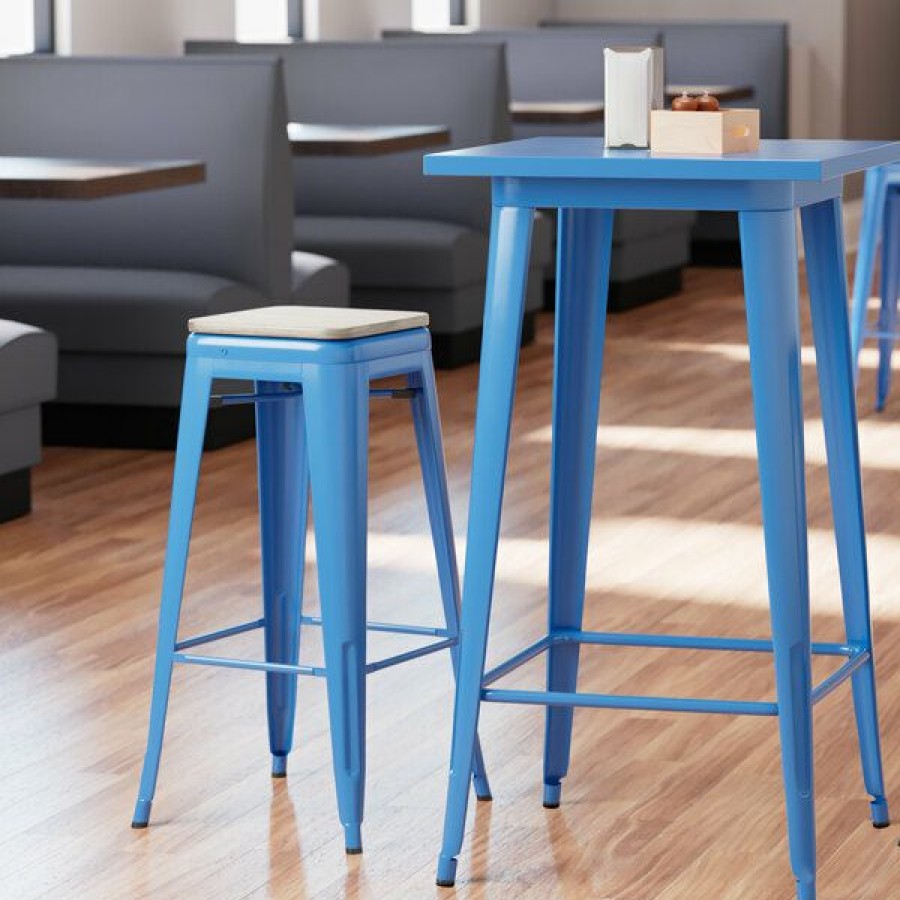 Restaurant Bar Stools * | Best Deal Lt&S Alloy Series Lancaster Table & Seating Alloy Series Blue Stackable Metal Indoor Industrial Barstool With Gray Wood Seat