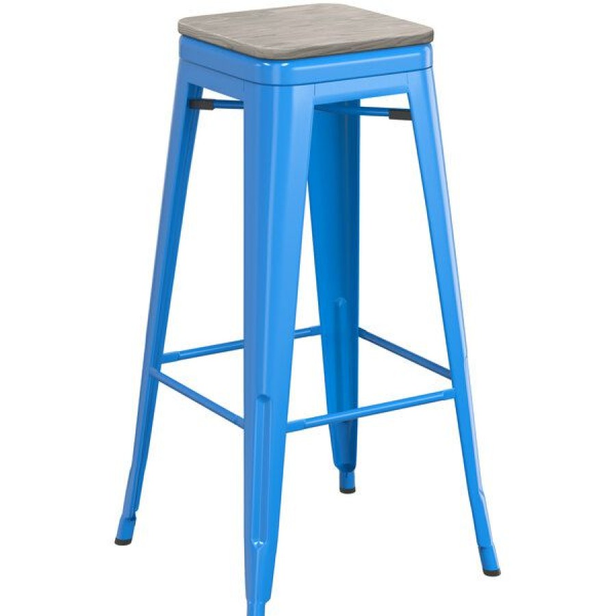 Restaurant Bar Stools * | Best Deal Lt&S Alloy Series Lancaster Table & Seating Alloy Series Blue Stackable Metal Indoor Industrial Barstool With Gray Wood Seat