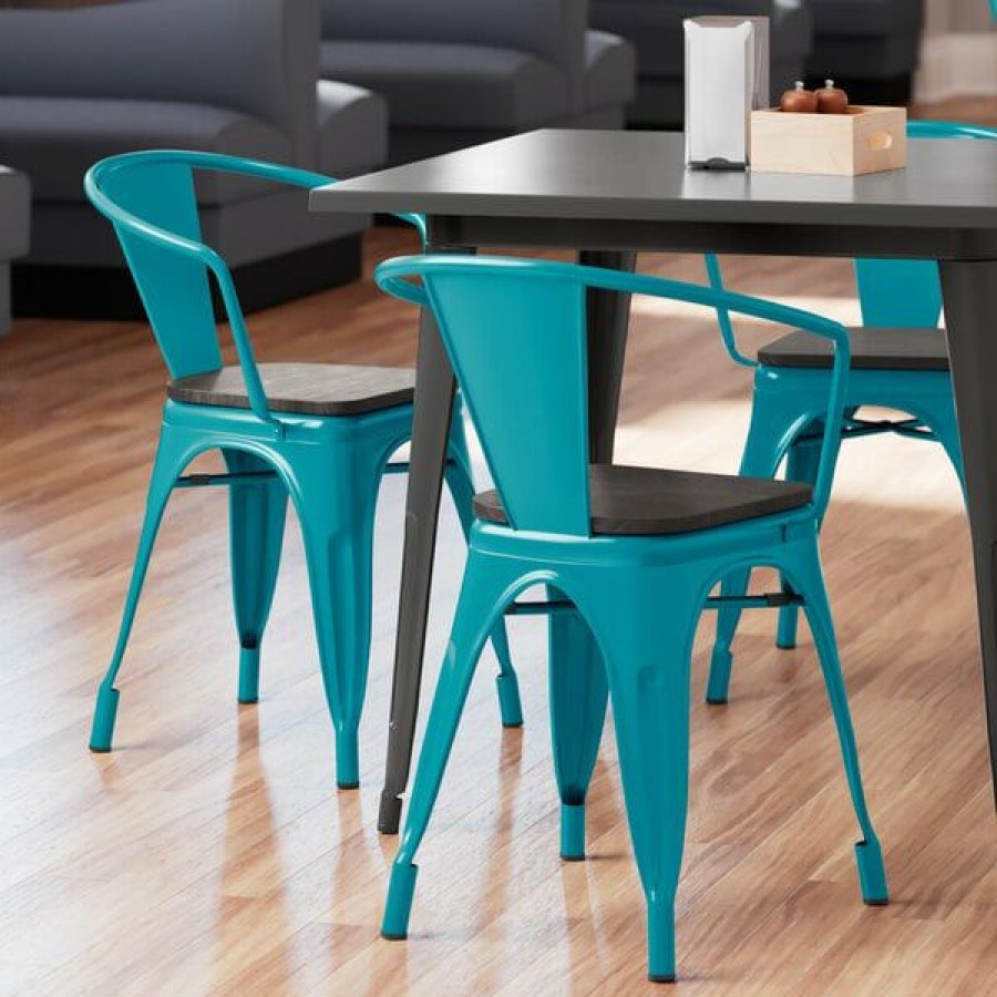 Restaurant Chairs * | Best Pirce Lt&S Alloy Series Lancaster Table & Seating Alloy Series Teal Metal Indoor Industrial Cafe Arm Chair With Black Wood Seat