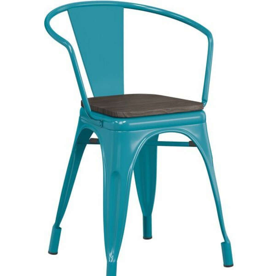 Restaurant Chairs * | Best Pirce Lt&S Alloy Series Lancaster Table & Seating Alloy Series Teal Metal Indoor Industrial Cafe Arm Chair With Black Wood Seat