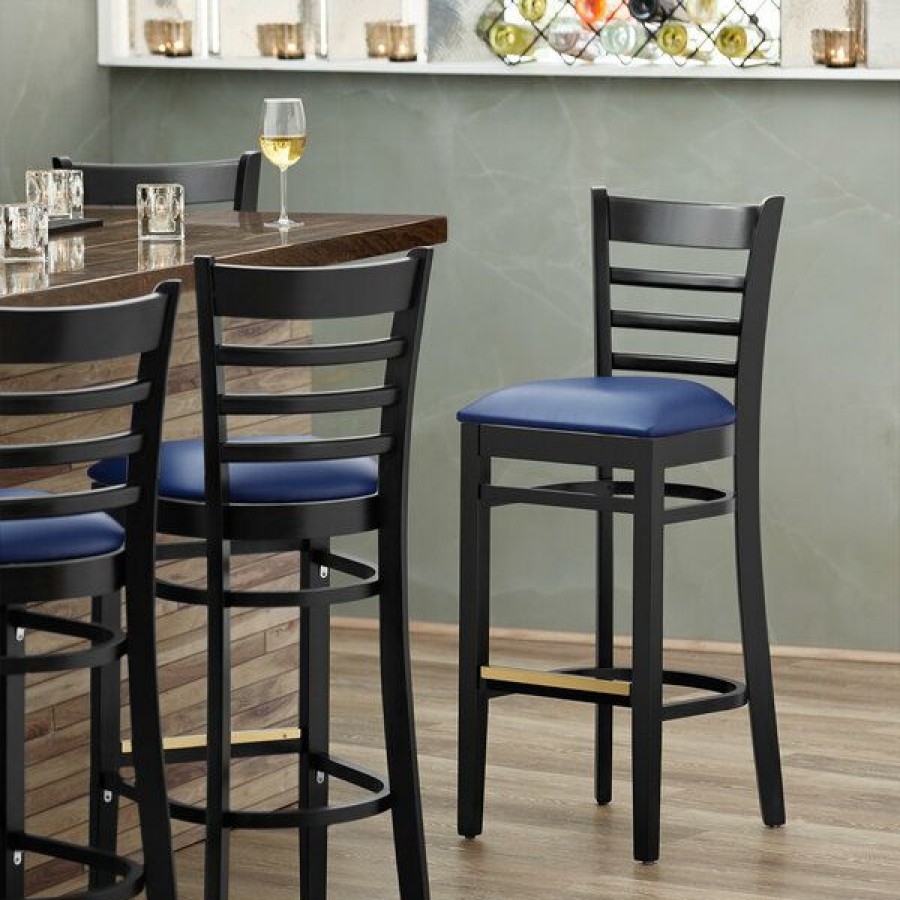 Restaurant Bar Stools * | Brand New Lancaster Table & Seating Black Ladder Back Bar Height Chair With Navy Padded Seat