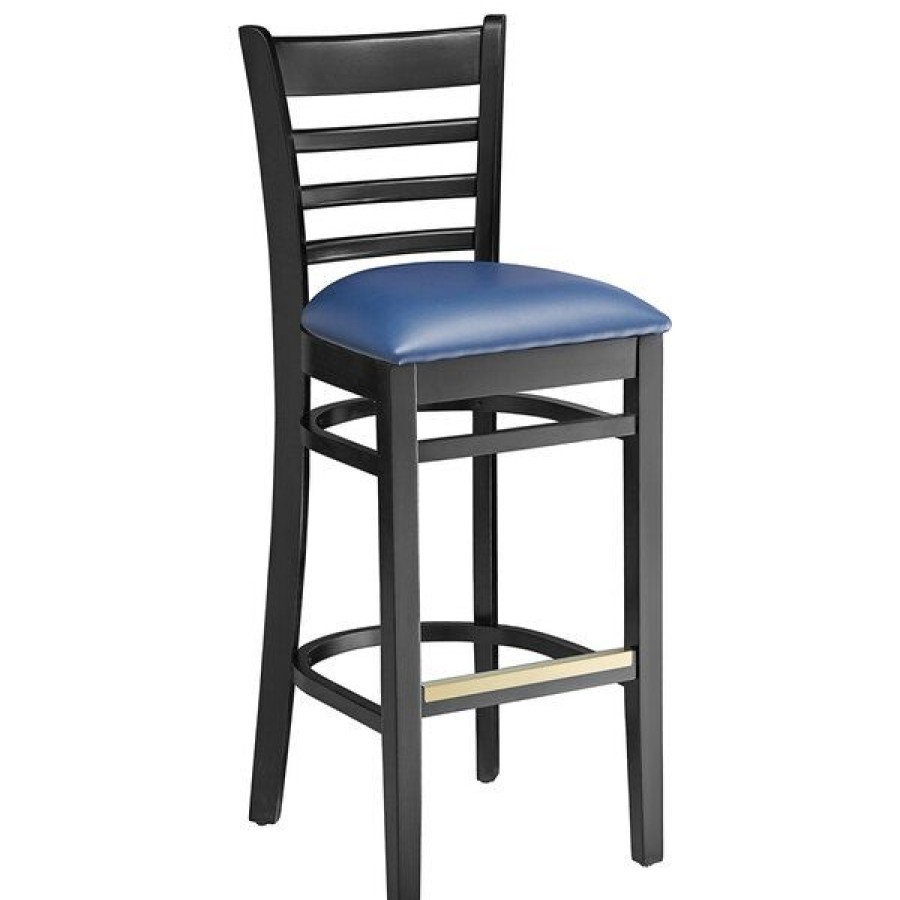 Restaurant Bar Stools * | Brand New Lancaster Table & Seating Black Ladder Back Bar Height Chair With Navy Padded Seat