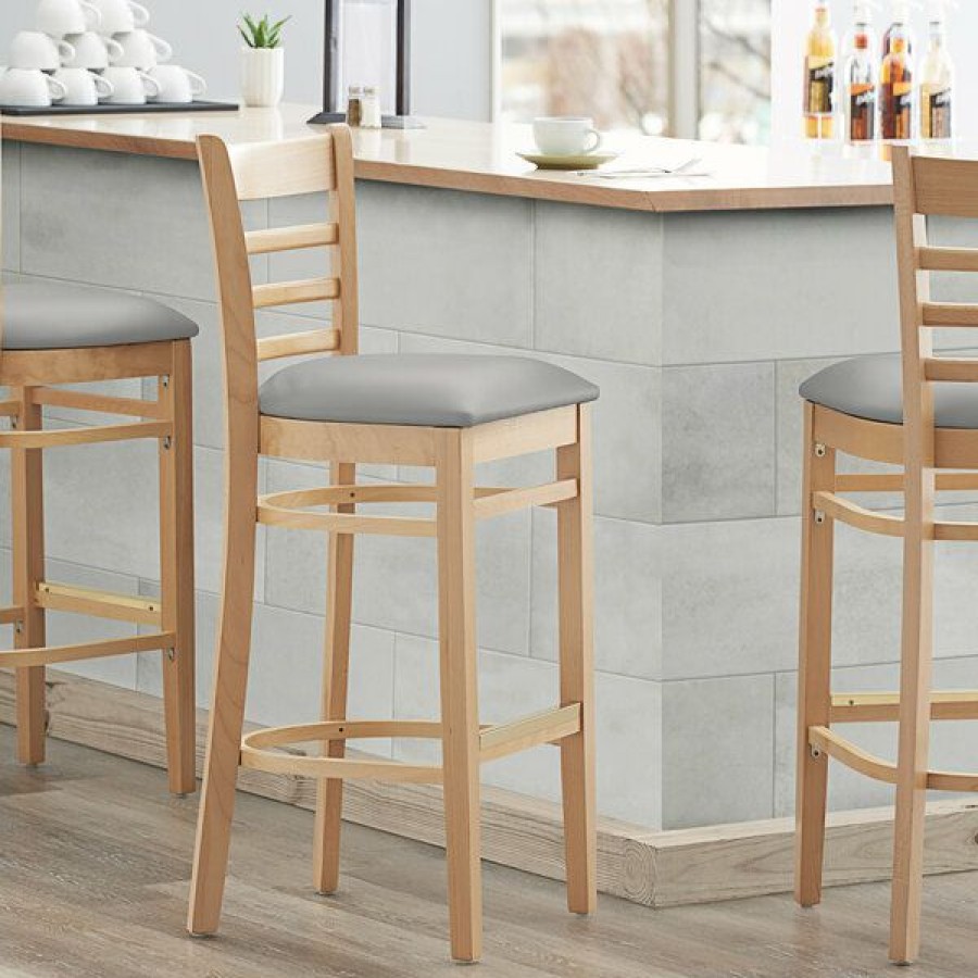 Restaurant Bar Stools * | Best Pirce Lancaster Table & Seating Natural Finish Wooden Ladder Back Bar Height Chair With Light Gray Padded Seat