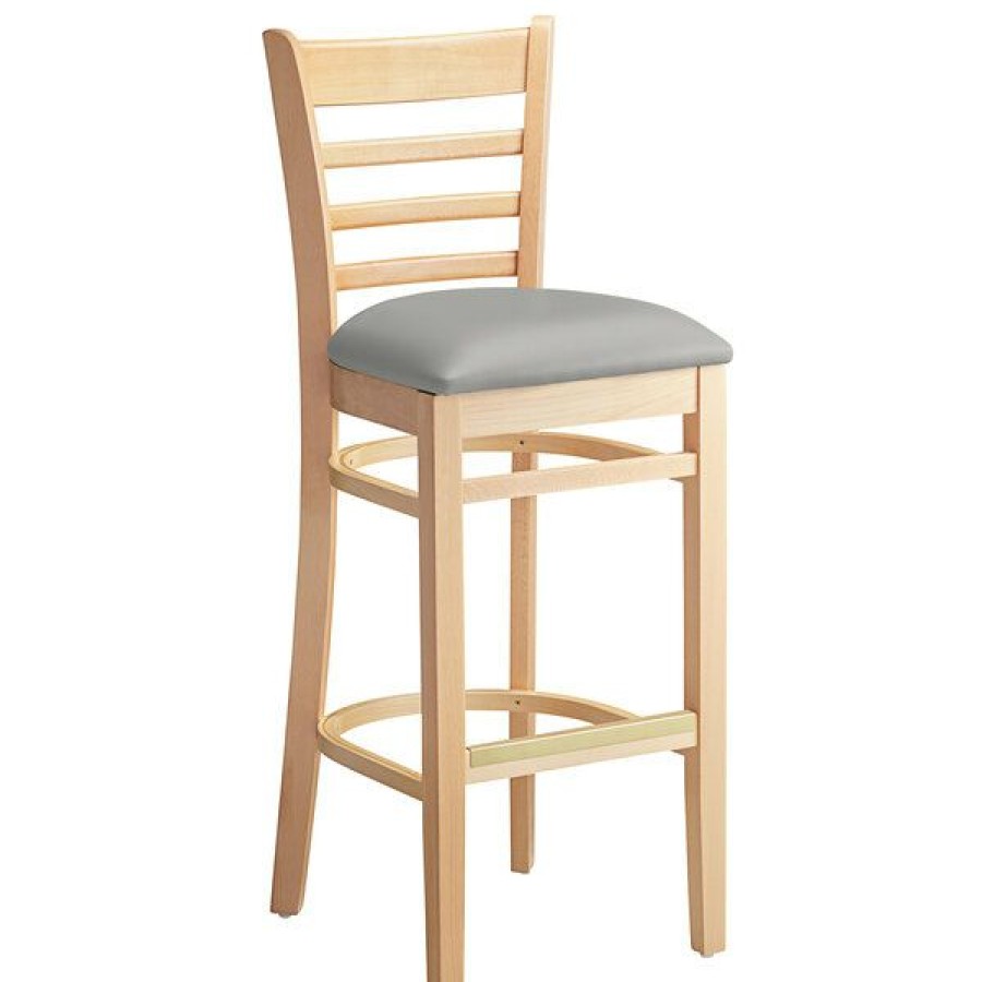 Restaurant Bar Stools * | Best Pirce Lancaster Table & Seating Natural Finish Wooden Ladder Back Bar Height Chair With Light Gray Padded Seat