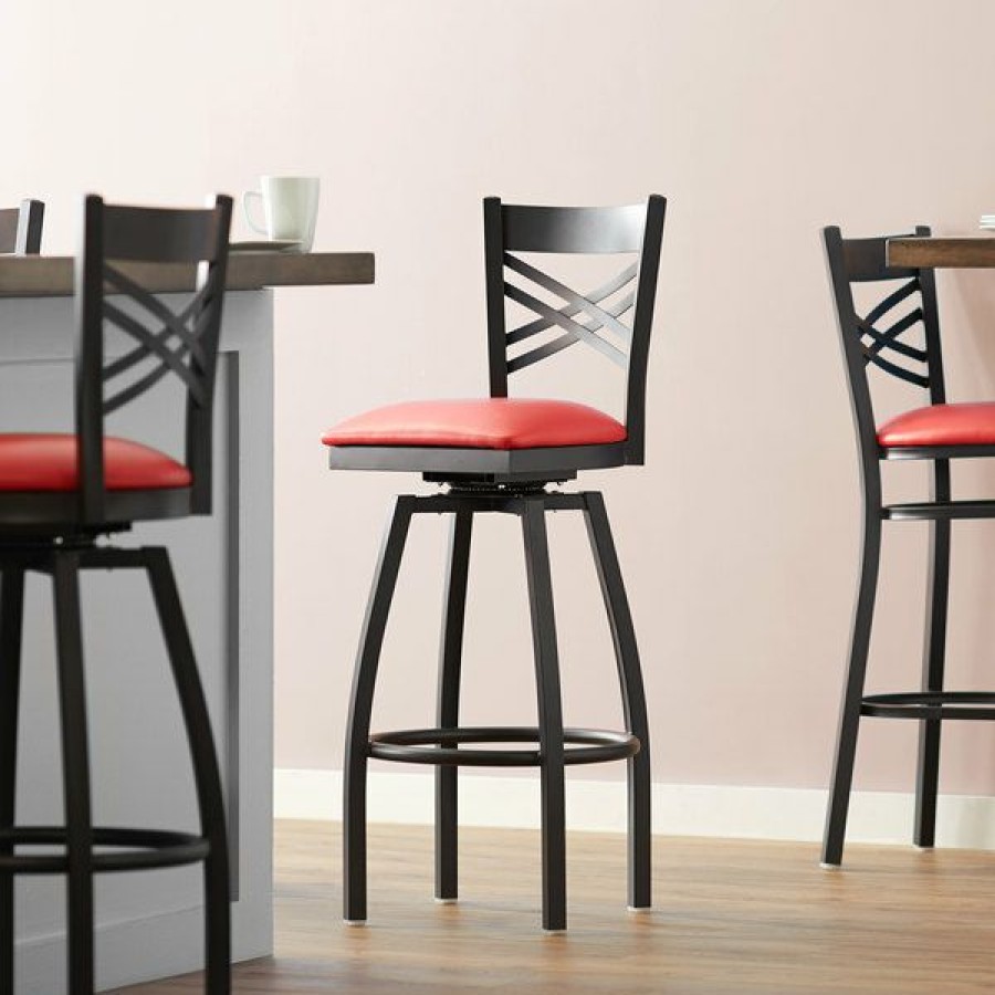 Restaurant Bar Stools * | Discount Lancaster Table & Seating Cross Back Bar Height Black Swivel Chair With Red Vinyl Seat