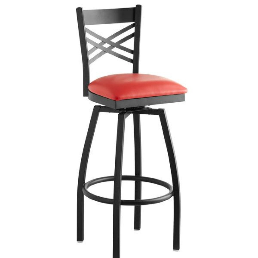 Restaurant Bar Stools * | Discount Lancaster Table & Seating Cross Back Bar Height Black Swivel Chair With Red Vinyl Seat