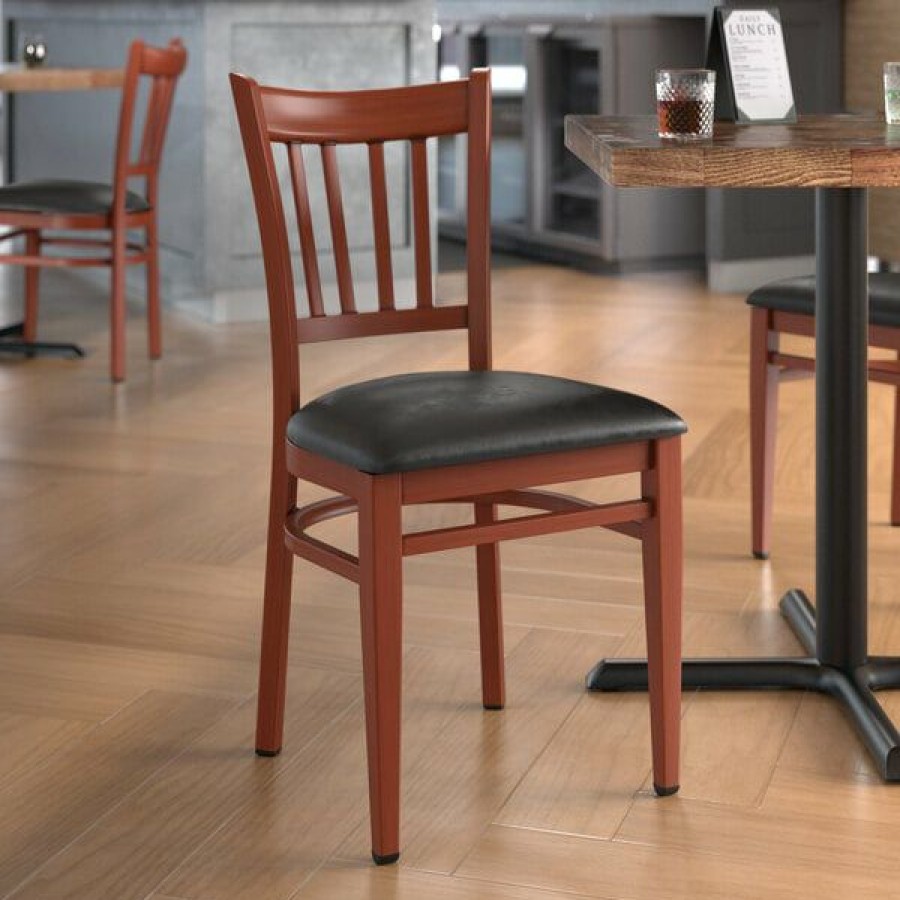 Restaurant Chairs * | Top 10 Lt&S Spartan Series Lancaster Table & Seating Spartan Series Metal Slat Back Chair With Mahogany Wood Grain Finish And Black Vinyl Seat