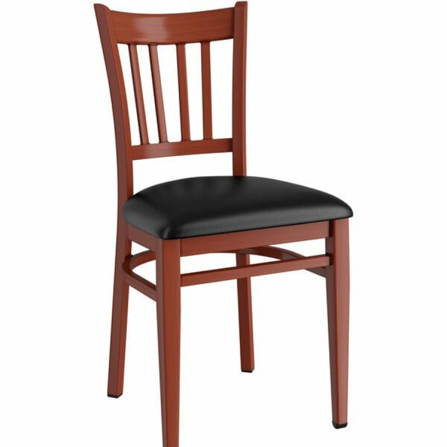 Restaurant Chairs * | Top 10 Lt&S Spartan Series Lancaster Table & Seating Spartan Series Metal Slat Back Chair With Mahogany Wood Grain Finish And Black Vinyl Seat