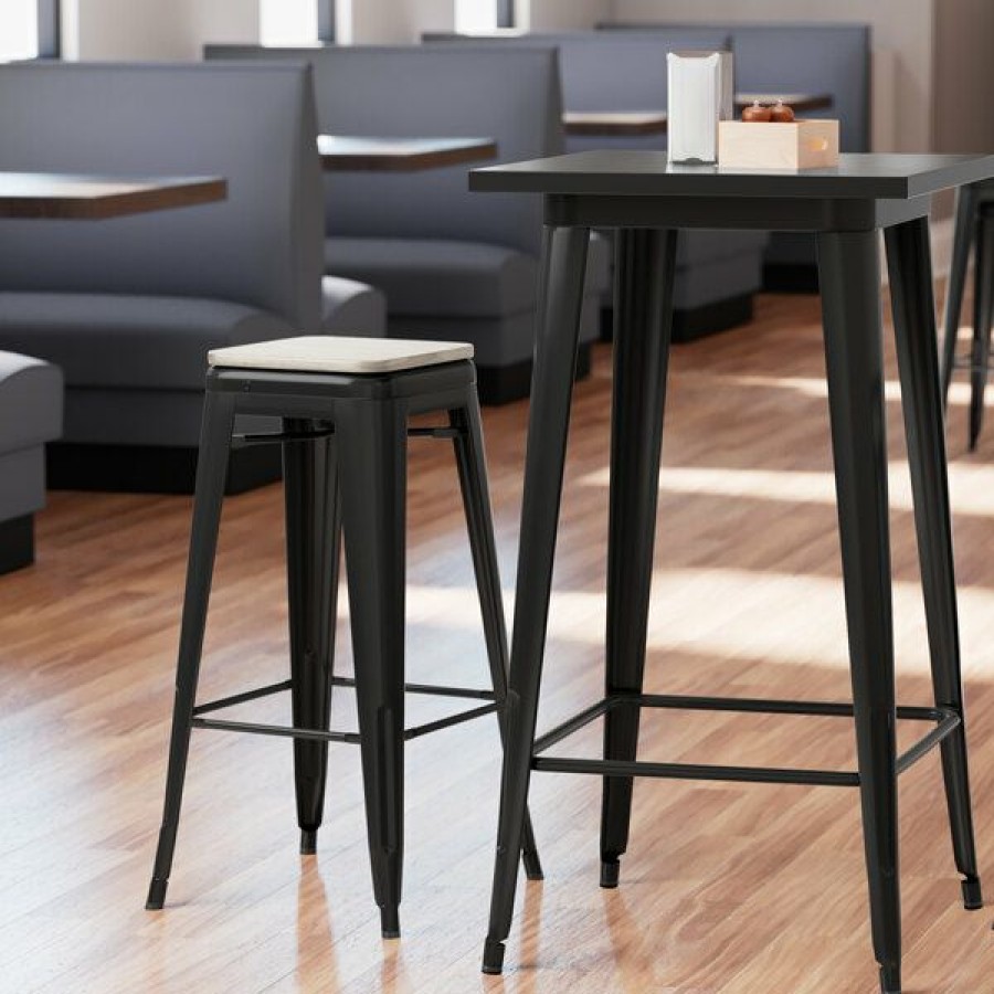 Restaurant Bar Stools * | Buy Lt&S Alloy Series Lancaster Table & Seating Alloy Series Black Stackable Metal Indoor Industrial Barstool With Gray Wood Seat