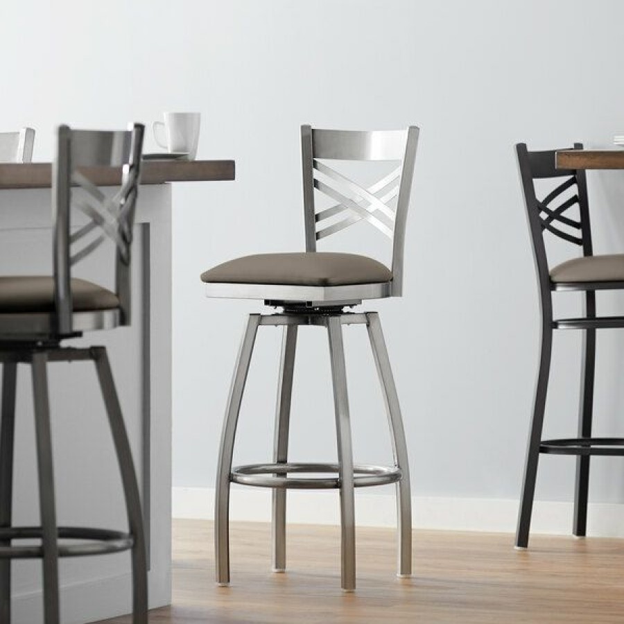 Restaurant Bar Stools * | Coupon Lancaster Table & Seating Clear Coat Cross Back Swivel Bar Height Chair With Taupe Padded Seat