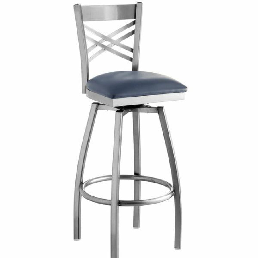 Restaurant Bar Stools * | Hot Sale Lancaster Table & Seating Clear Coat Steel Cross Back Bar Height Swivel Chair With 2 1/2 Navy Vinyl Seat