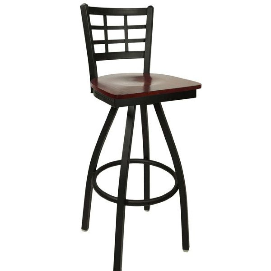 Restaurant Bar Stools * | New Bfm Seating 2163Smhw-Sb Marietta Sand Black Metal Swivel Bar Height Chair With Mahogany Wood Seat