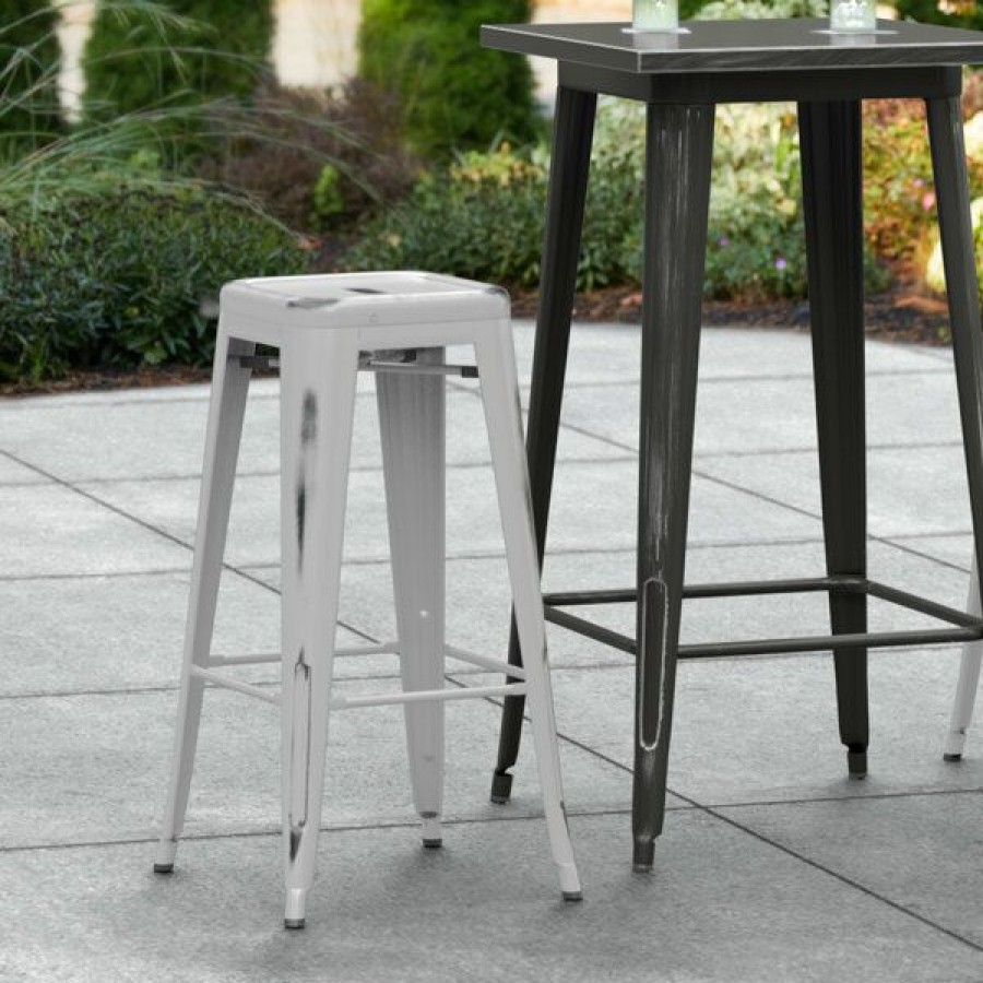 Outdoor Restaurant Bar Stools * | Buy Lt&S Alloy Series Lancaster Table & Seating Alloy Series Distressed Silver Stackable Metal Indoor / Outdoor Industrial Barstool With Drain Hole Seat