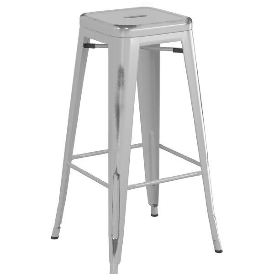 Outdoor Restaurant Bar Stools * | Buy Lt&S Alloy Series Lancaster Table & Seating Alloy Series Distressed Silver Stackable Metal Indoor / Outdoor Industrial Barstool With Drain Hole Seat