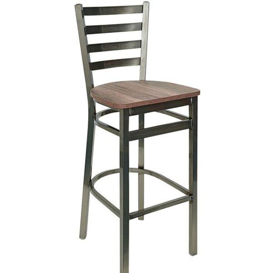 Restaurant Bar Stools * | Discount Bfm Seating Lima Clear Coated Steel Ladder Back Barstool With Relic Knotty Pine Seat