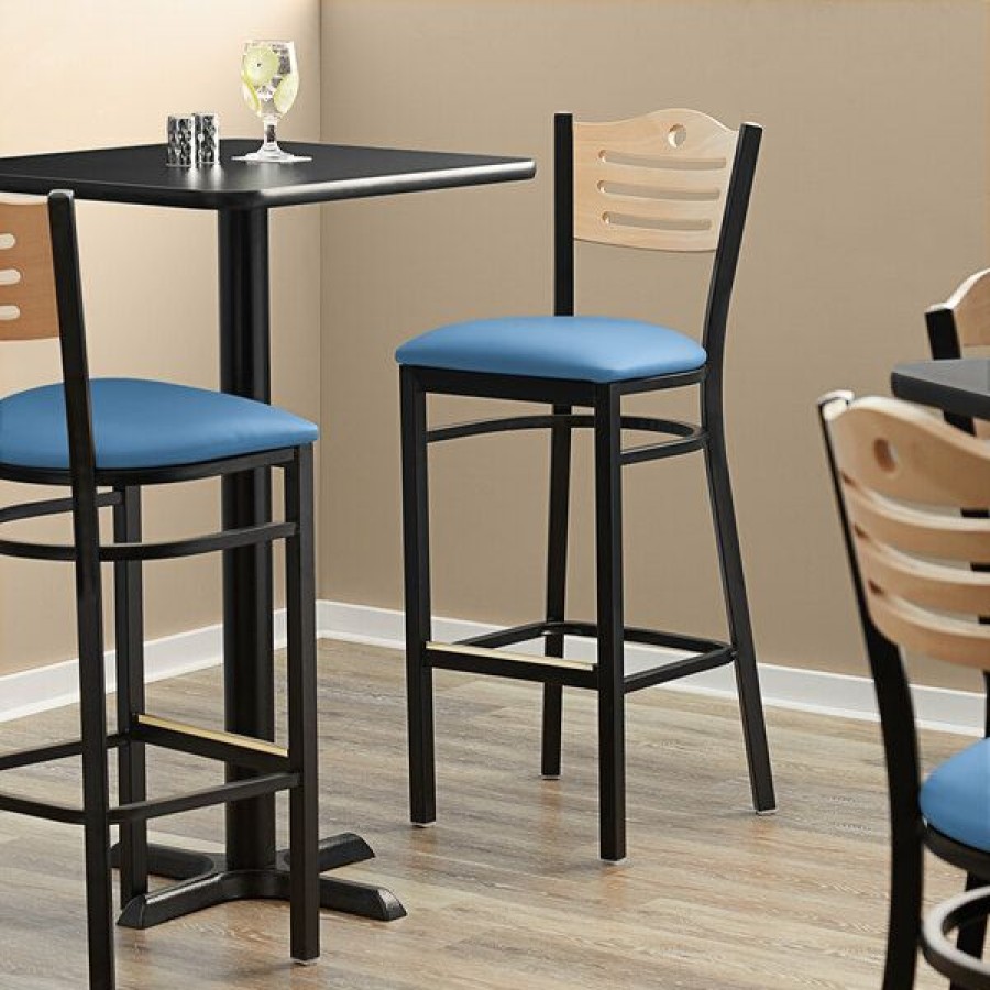 Restaurant Bar Stools * | Buy Lancaster Table & Seating Natural Finish Bar Height Bistro Chair With 2 Blue Padded Seat