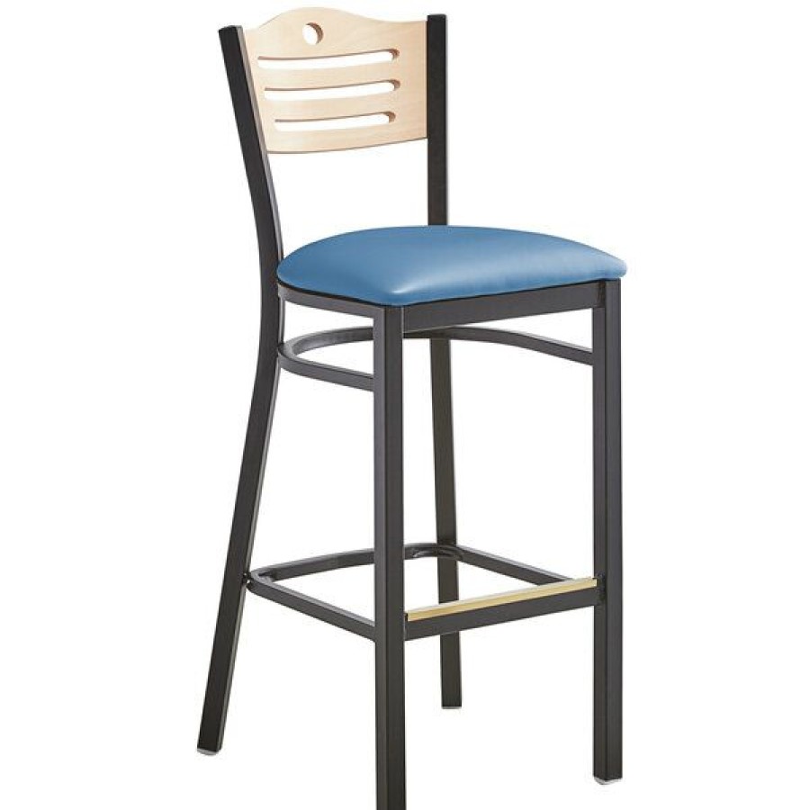 Restaurant Bar Stools * | Buy Lancaster Table & Seating Natural Finish Bar Height Bistro Chair With 2 Blue Padded Seat