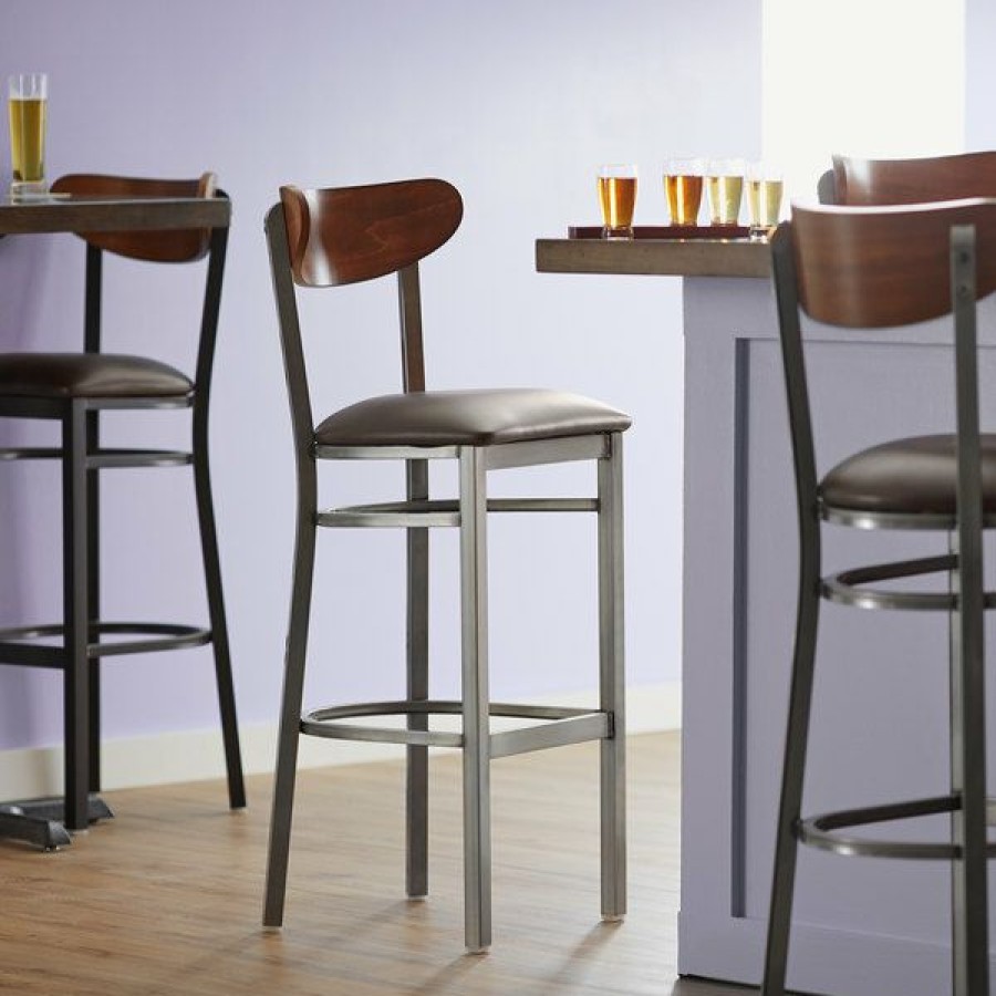 Restaurant Bar Stools * | Brand New Lt&S Boomerang Series Lancaster Table & Seating Boomerang Bar Height Clear Coat Chair With Dark Brown Vinyl Seat And Antique Walnut Back