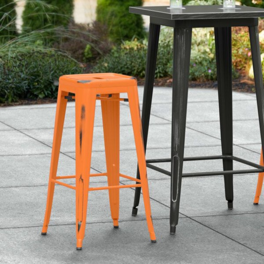 Outdoor Restaurant Bar Stools * | Budget Lt&S Alloy Series Lancaster Table & Seating Alloy Series Distressed Orange Stackable Metal Indoor / Outdoor Industrial Barstool With Drain Hole Seat