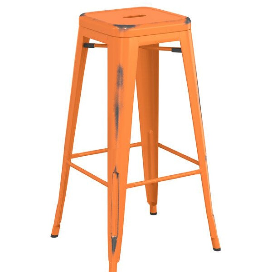 Outdoor Restaurant Bar Stools * | Budget Lt&S Alloy Series Lancaster Table & Seating Alloy Series Distressed Orange Stackable Metal Indoor / Outdoor Industrial Barstool With Drain Hole Seat