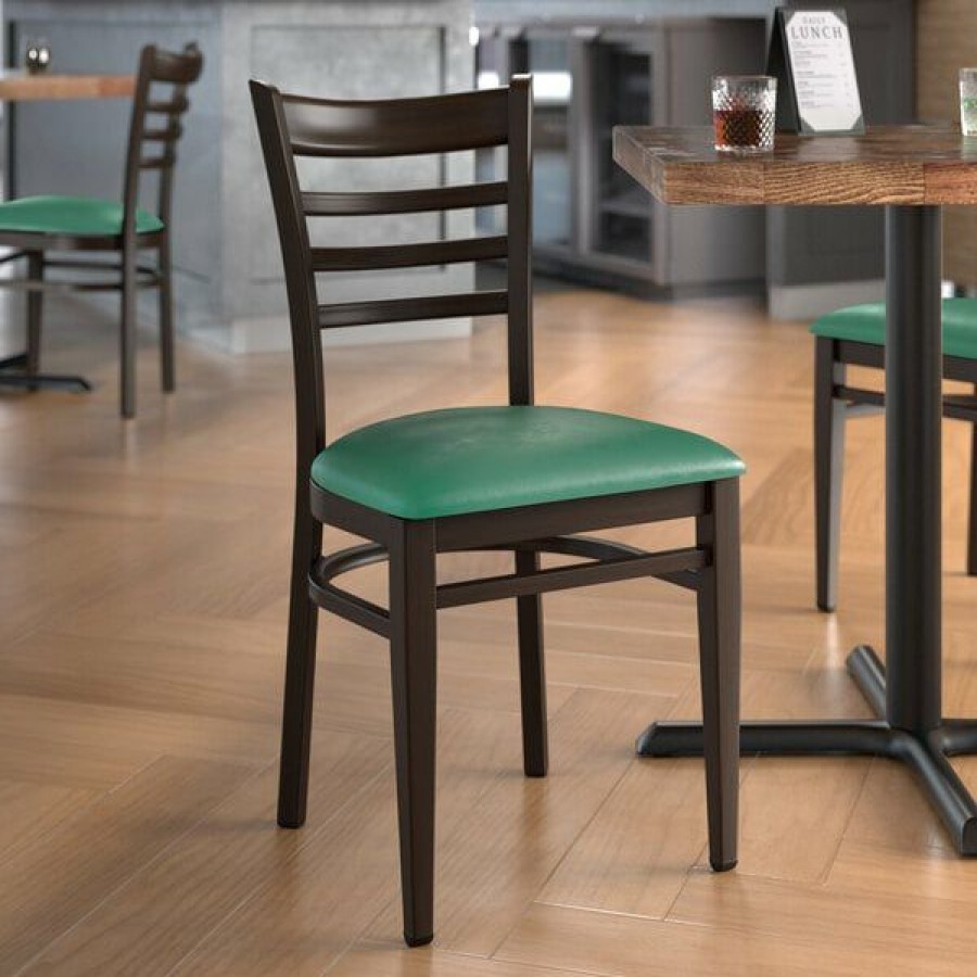 Restaurant Chairs * | Cheap Lt&S Spartan Series Lancaster Table & Seating Spartan Series Metal Ladder Back Chair With Walnut Wood Grain Finish And Green Vinyl Seat