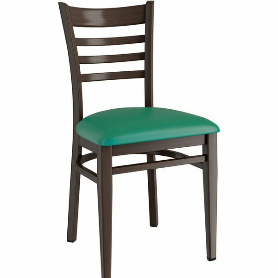 Restaurant Chairs * | Cheap Lt&S Spartan Series Lancaster Table & Seating Spartan Series Metal Ladder Back Chair With Walnut Wood Grain Finish And Green Vinyl Seat