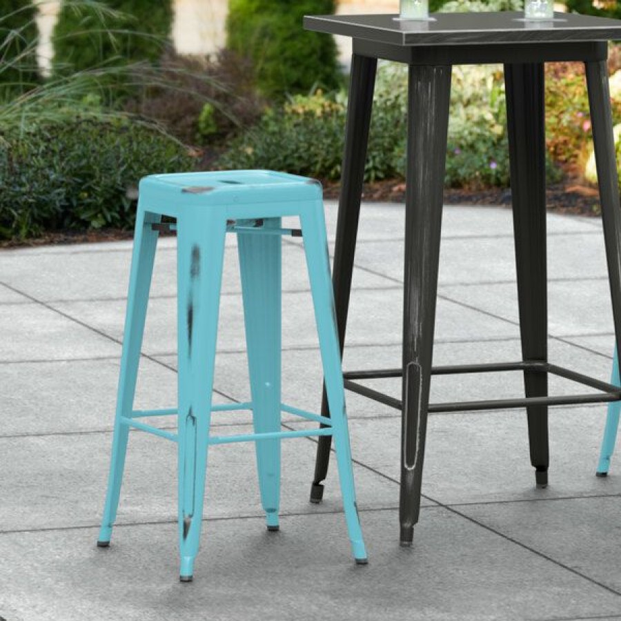 Outdoor Restaurant Bar Stools * | Best Pirce Lt&S Alloy Series Lancaster Table & Seating Alloy Series Distressed Arctic Blue Stackable Metal Indoor / Outdoor Industrial Barstool With Drain Hole Seat