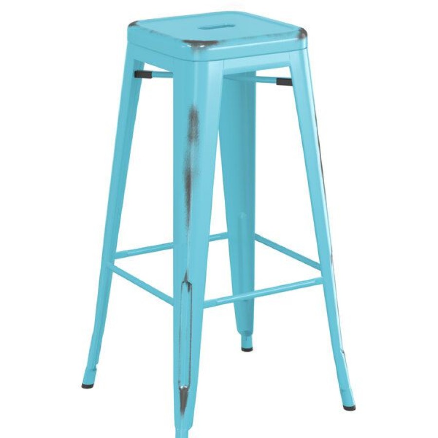 Outdoor Restaurant Bar Stools * | Best Pirce Lt&S Alloy Series Lancaster Table & Seating Alloy Series Distressed Arctic Blue Stackable Metal Indoor / Outdoor Industrial Barstool With Drain Hole Seat